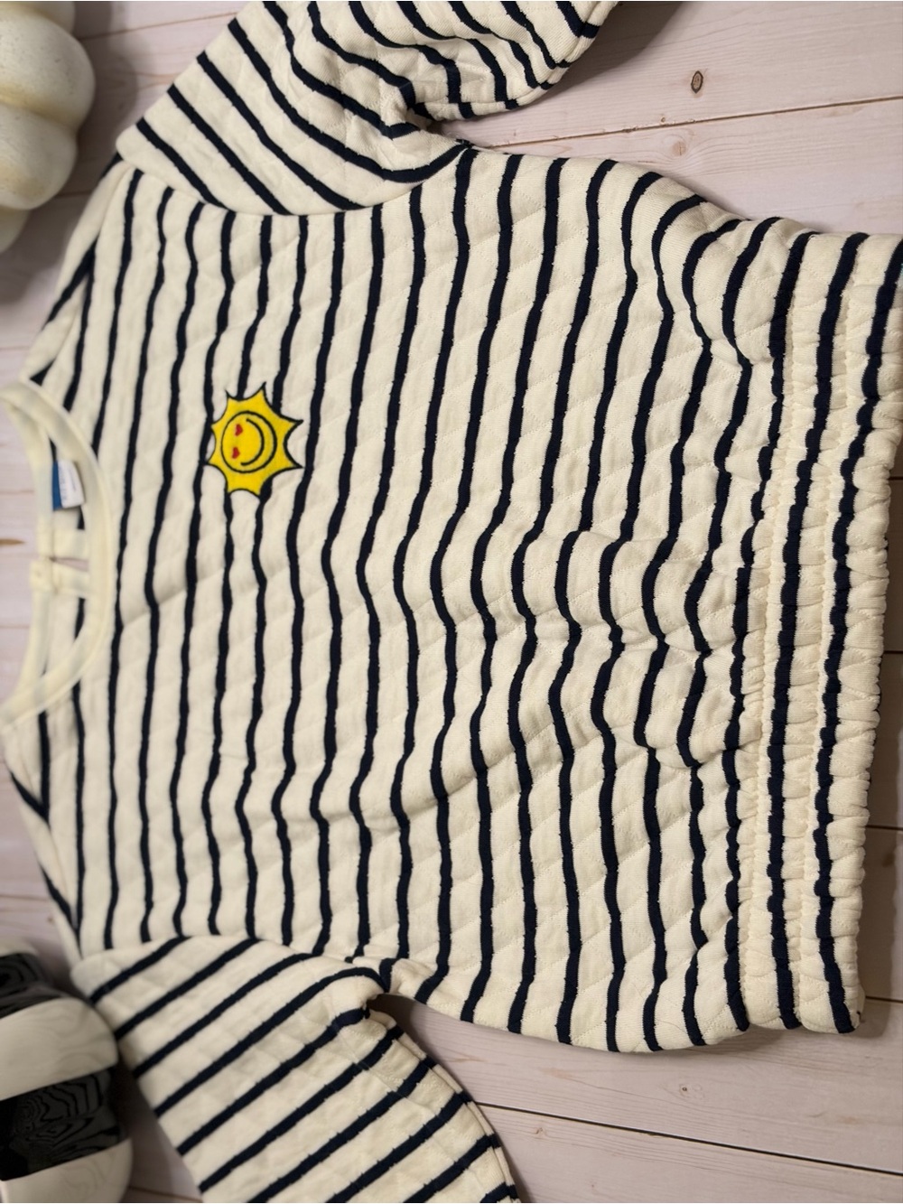 Old Navy Cream and Black Striped Pullover with Sunny Patch